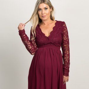 Burgundy Crochet Chiffon Maternity Gown, PinkBlush